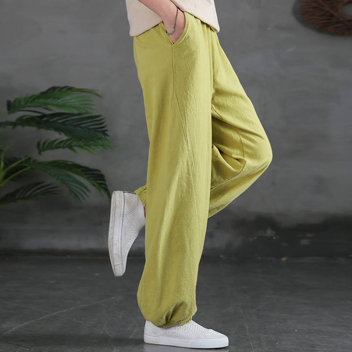 Buddha Stones Plain Color Ramie Linen Cotton Pants With Pockets