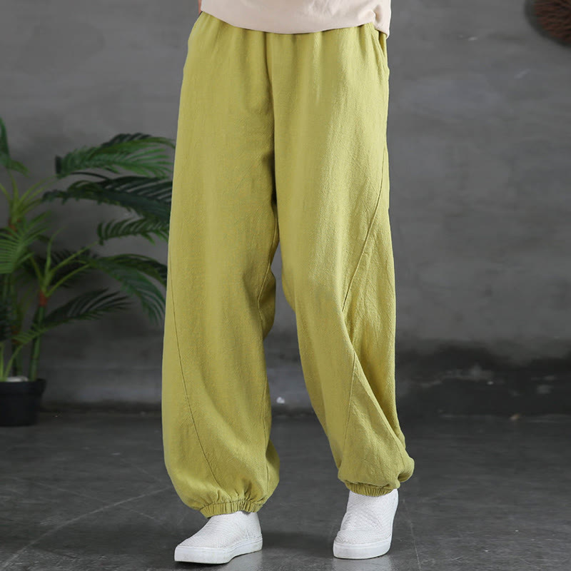 Buddha Stones Plain Color Ramie Linen Cotton Pants With Pockets