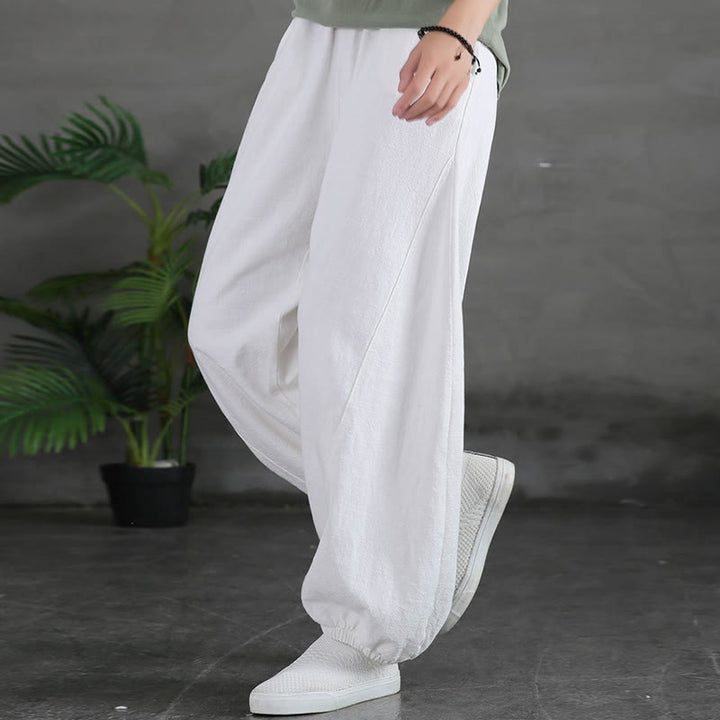 Buddha Stones Plain Color Ramie Linen Cotton Pants With Pockets