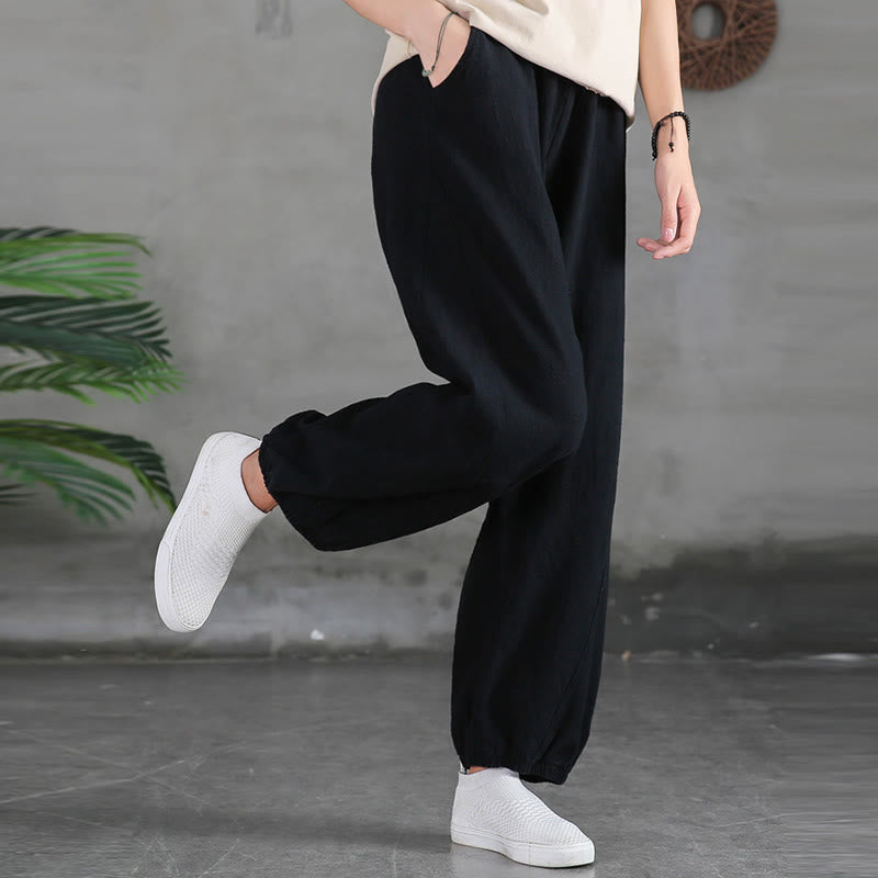 Buddha Stones Plain Color Ramie Linen Cotton Pants With Pockets