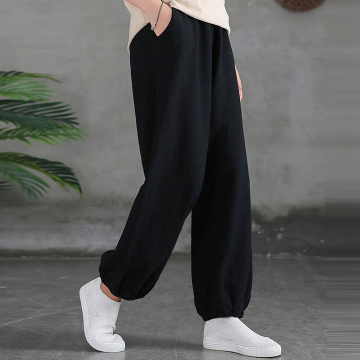 Buddha Stones Plain Color Ramie Linen Cotton Pants With Pockets