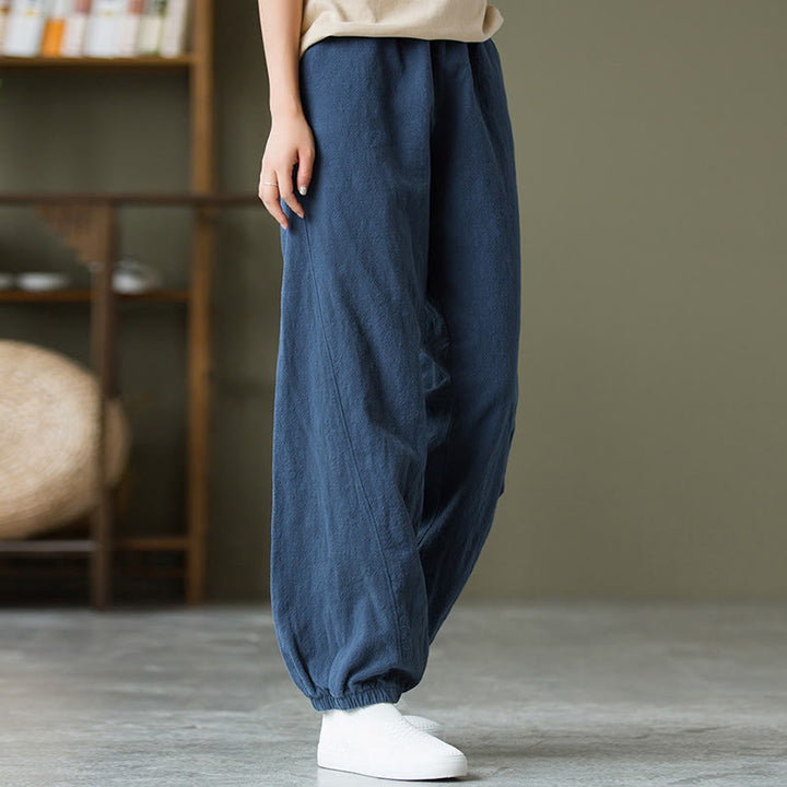 Buddha Stones Plain Color Ramie Linen Cotton Pants With Pockets