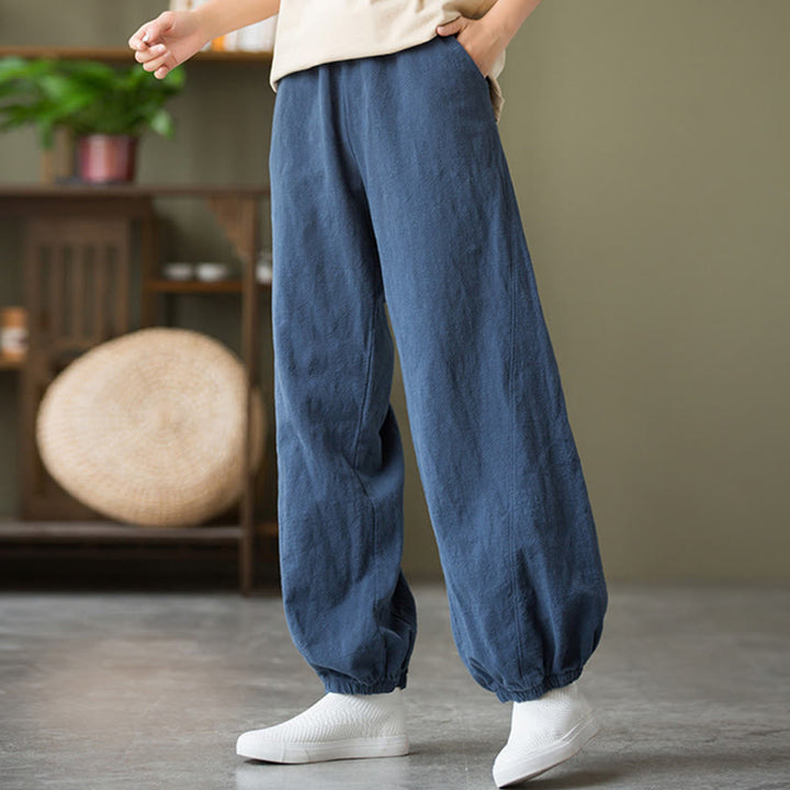 Buddha Stones Plain Color Ramie Linen Cotton Pants With Pockets