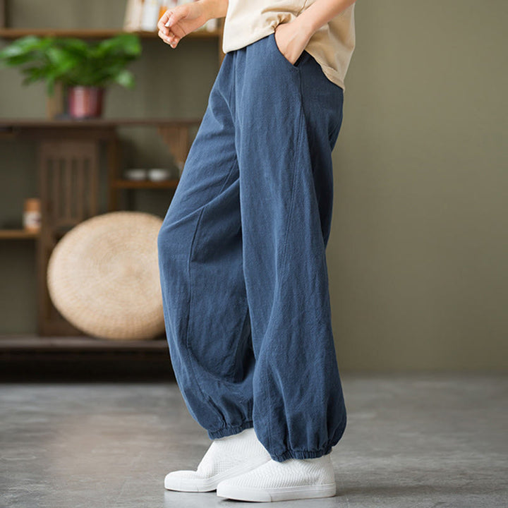 Buddha Stones Plain Color Ramie Linen Cotton Pants With Pockets