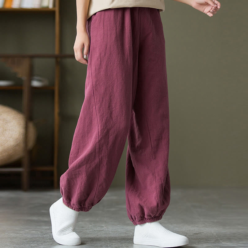 Buddha Stones Plain Color Ramie Linen Cotton Pants With Pockets