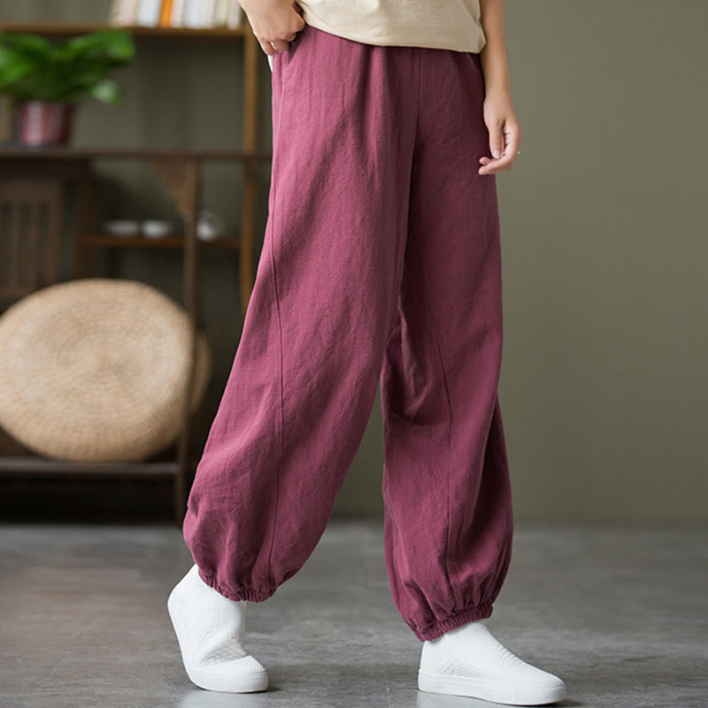 Buddha Stones Plain Color Ramie Linen Cotton Pants With Pockets