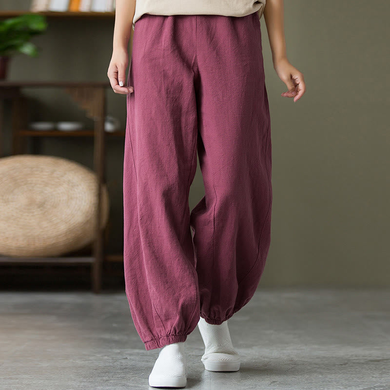 Buddha Stones Plain Color Ramie Linen Cotton Pants With Pockets