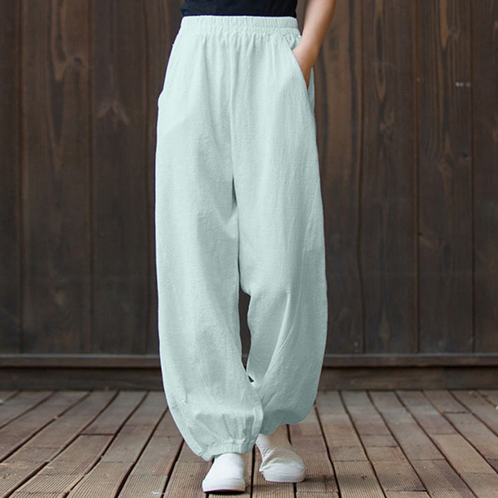 Buddha Stones Plain Color Ramie Linen Cotton Pants With Pockets