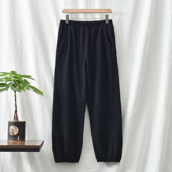 Buddha Stones Plain Color Ramie Linen Cotton Pants With Pockets