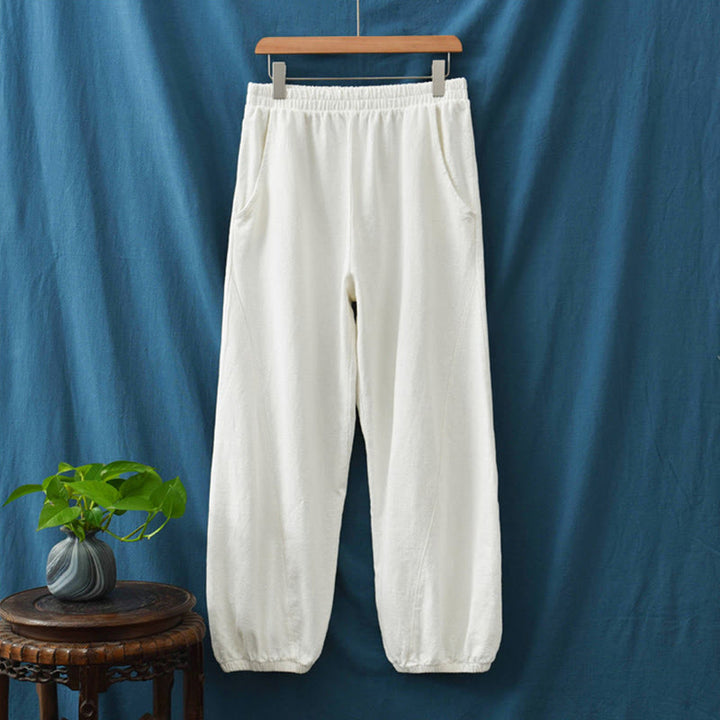 Buddha Stones Plain Color Ramie Linen Cotton Pants With Pockets