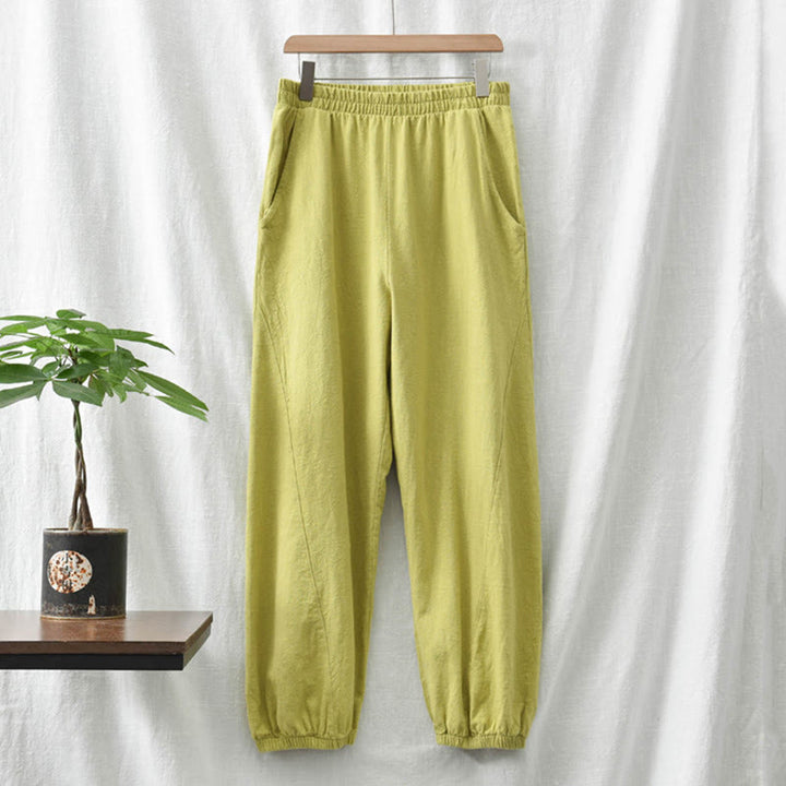 Buddha Stones Plain Color Ramie Linen Cotton Pants With Pockets