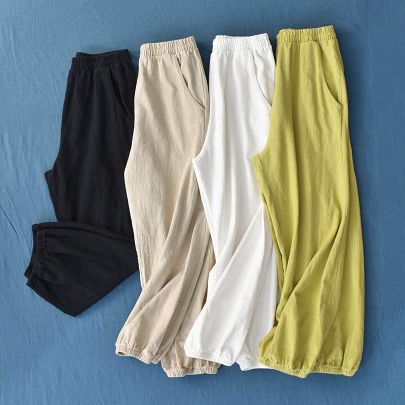 Buddha Stones Plain Color Ramie Linen Cotton Pants With Pockets - image 1