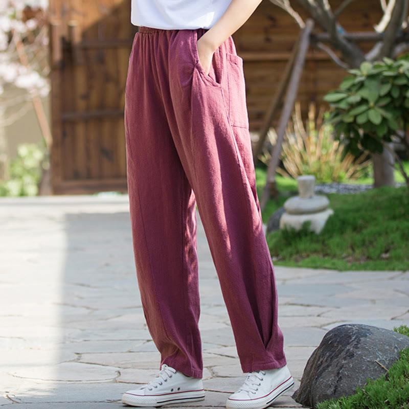 Buddha Stones Casual Ramie Linen Cotton Yoga Pants With Pockets