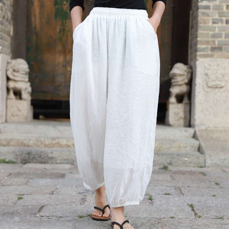 Buddha Stones Casual Summer Women's Cotton Pants With Pockets - White - US4-6，UK/AU8-10，EU36-38 (F) - image 7
