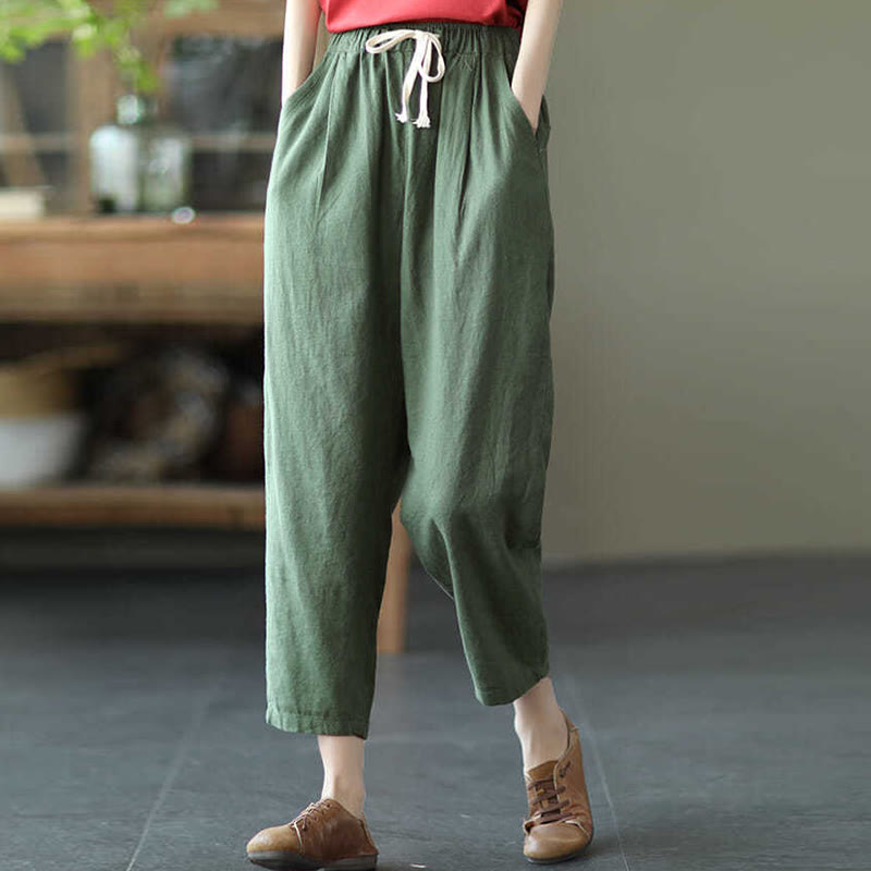Buddha Stones Casual Women's Cotton Drawstring Harem Pants With Pockets - DarkSeaGreen - US14，UK/AU18，EU46 (4XL) - image 2