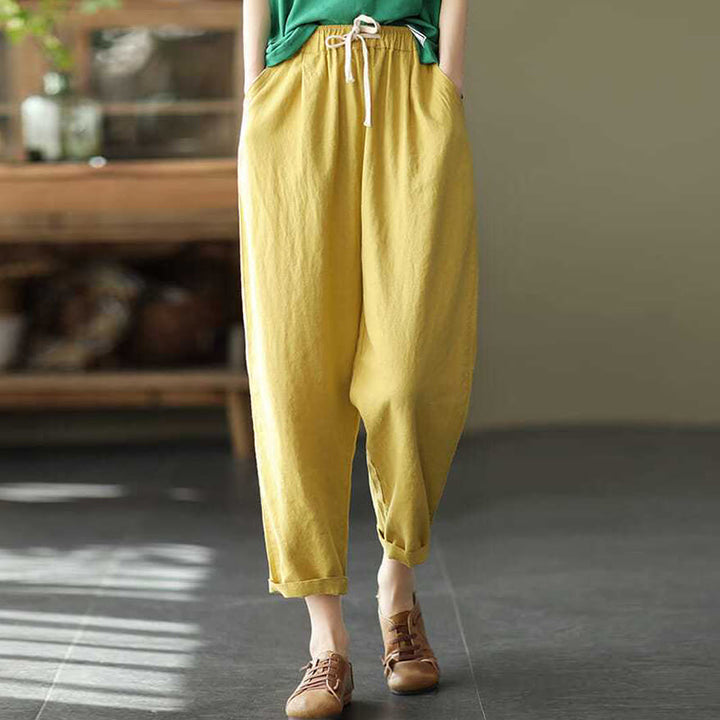 Buddha Stones Casual Women's Cotton Drawstring Harem Pants With Pockets - LemonChiffon - US14，UK/AU18，EU46 (4XL) - image 5