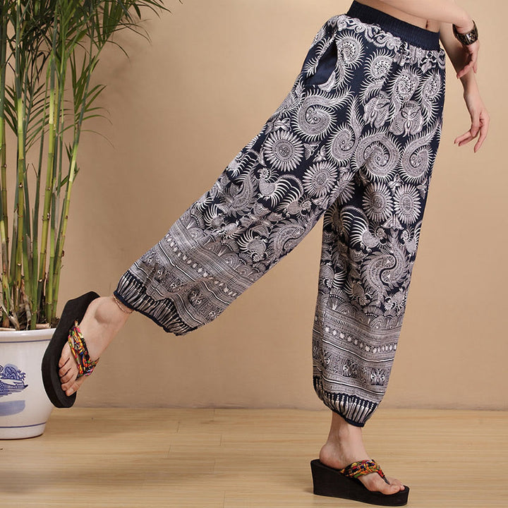 Buddha Stones Summer Blue And White Geometric Stripes Linen Pants With Pockets