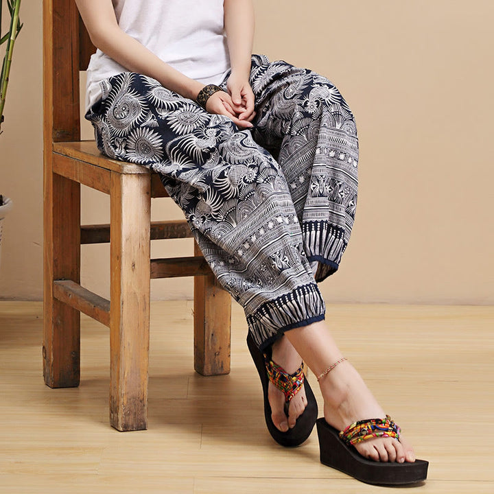 Buddha Stones Summer Blue And White Geometric Stripes Linen Pants With Pockets