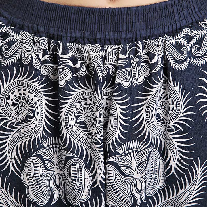 Buddha Stones Summer Blue And White Geometric Stripes Linen Pants With Pockets