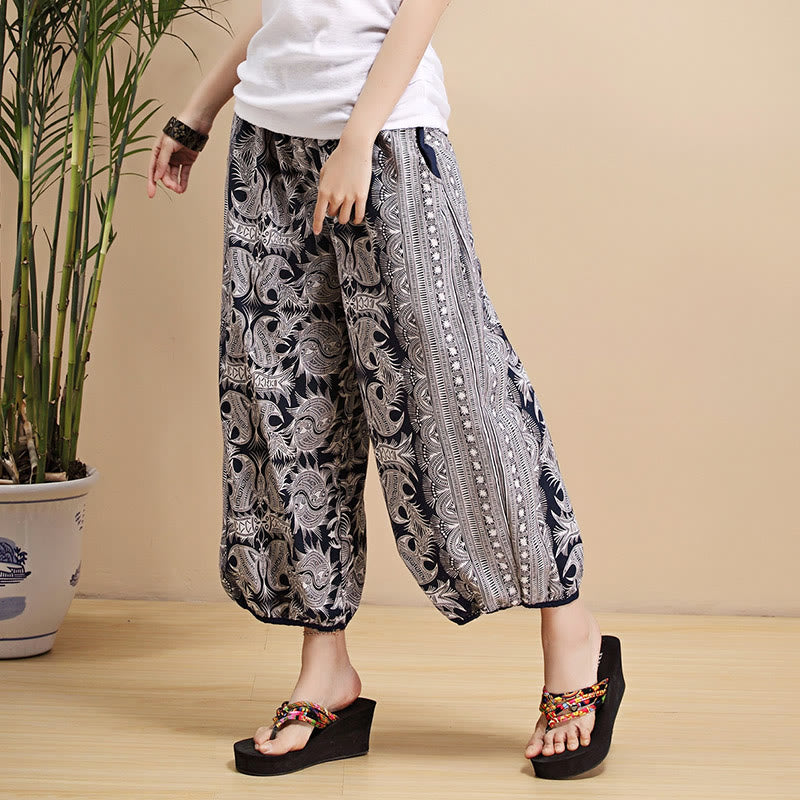 Buddha Stones Summer Blue And White Geometric Stripes Linen Pants With Pockets