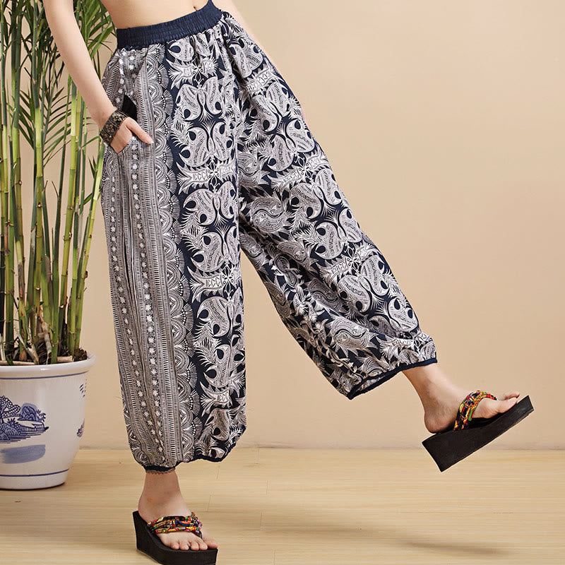 Buddha Stones Summer Blue And White Geometric Stripes Linen Pants With Pockets