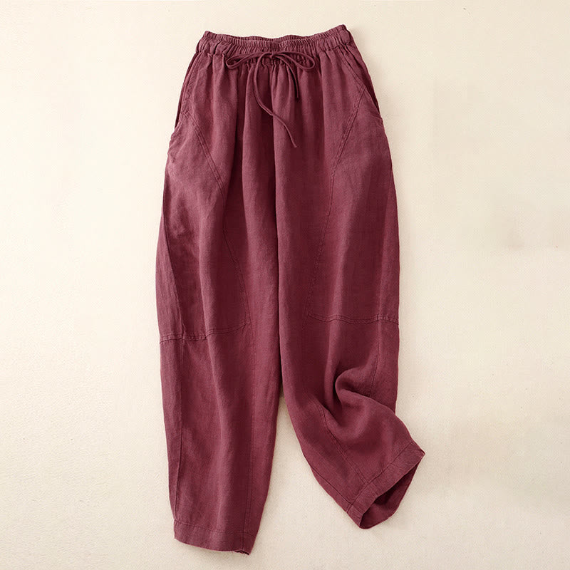 Buddha Stones Summer Women's Linen Drawstring Elastic Waist Harem Pants With Pockets - PaleVioletRed - US8-10，UK/AU12-14，EU40-42 (2XL) - image 0