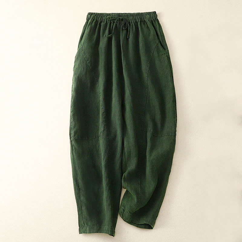 Buddha Stones Summer Women's Linen Drawstring Elastic Waist Harem Pants With Pockets - DarkSeaGreen - US8-10，UK/AU12-14，EU40-42 (2XL) - image 12