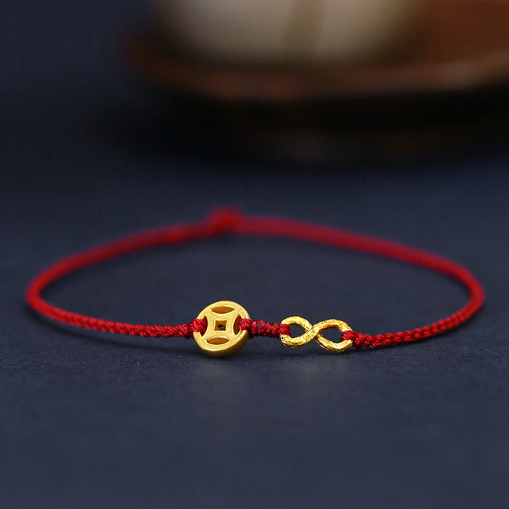 Buddha Stones 999 Gold Mobius Infinite Love Fu Character Copper Coin Protection Handmade Ultra-Thin Rope Bracelet