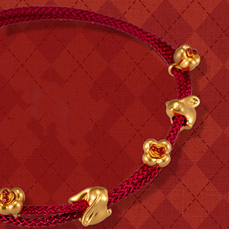 Buddha Stones 999 Gold Small Lucky Rabbit Osmanthus Design Handmade Luck Braided Rope Bracelet - Gold Osmanthus Double Rabbit(Gold About 0.8g) - 21cm - image 12