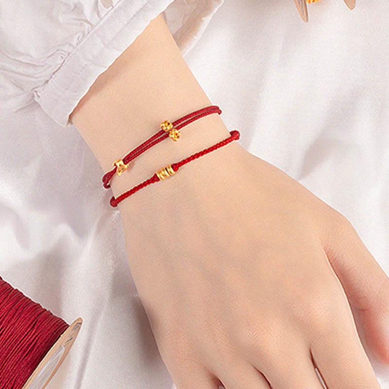 Buddha Stones 999 Gold Small Lucky Rabbit Osmanthus Design Handmade Luck Braided Rope Bracelet