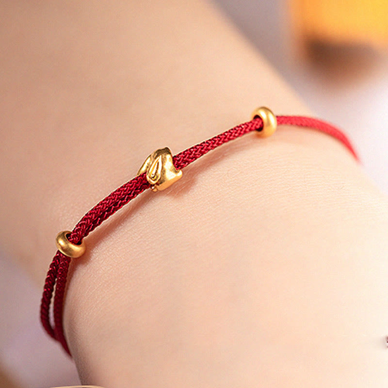 Buddha Stones 999 Gold Small Lucky Rabbit Osmanthus Design Handmade Luck Braided Rope Bracelet