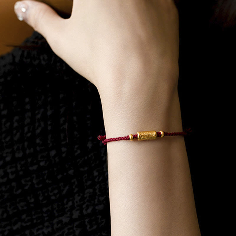 Buddha Stones 999 Gold Good Luck Amulet Carved Design Handmade Strength Braided Rope Bracelet - Wine Red(Gold About 0.68g) - 21cm - image 3