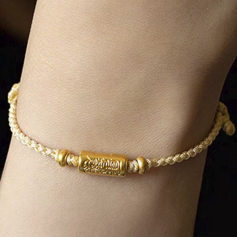Buddha Stones 999 Gold Good Luck Amulet Carved Design Handmade Strength Braided Rope Bracelet - Toffee(Gold About 0.68g) - 21cm - image 7
