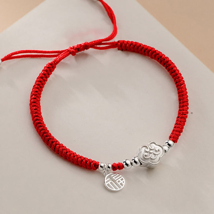 Buddha Stones Handmade 925 Sterling Silver Fu Character Auspicious Clouds Blessing Braided Rope Bracelet