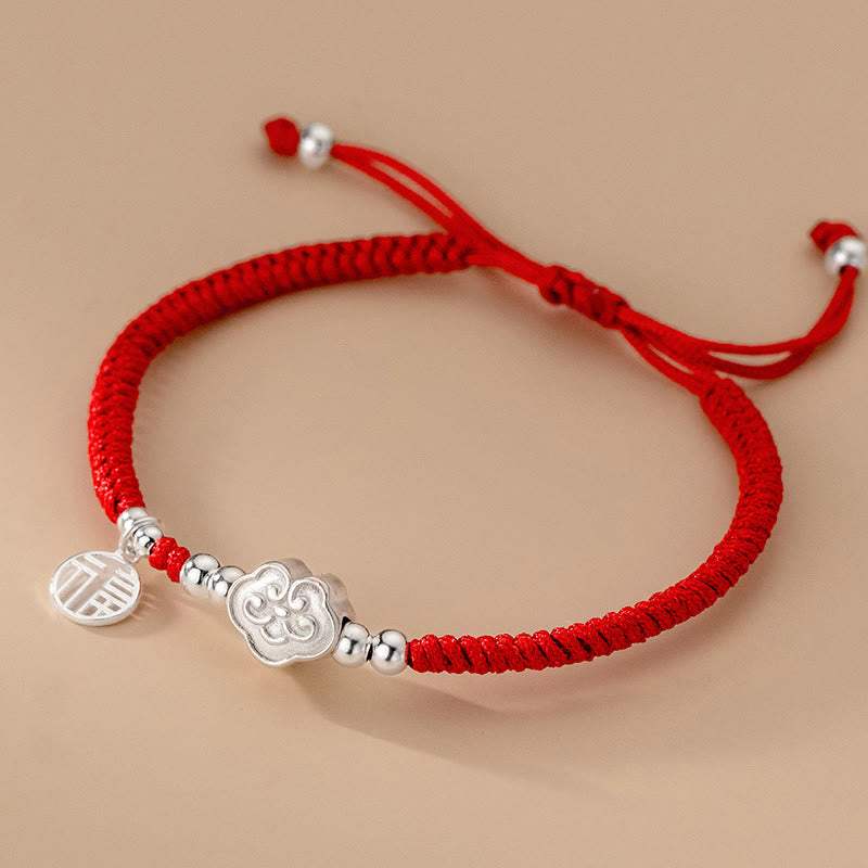 Buddha Stones Handmade 925 Sterling Silver Fu Character Auspicious Clouds Blessing Braided Rope Bracelet - Fu Character Red Rope(Wrist Circumference 14-22cm) - image 0