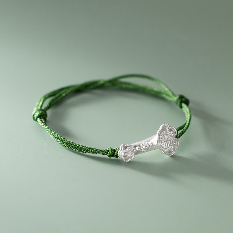 Buddha Stones Handmade 999 Sterling Silver Fu Character Wish Ruyi Handle Luck Braided Green Rope Bracelet - image 2