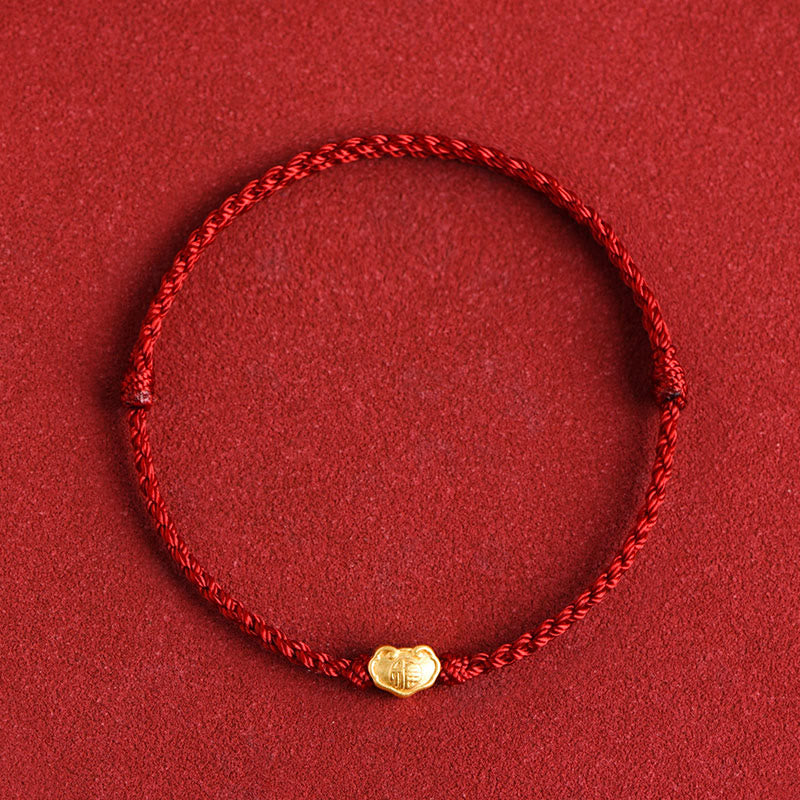 Buddha Stones 999 Gold Chinese Lock Charm Fu Character Protection Handmade Rope Bracelet