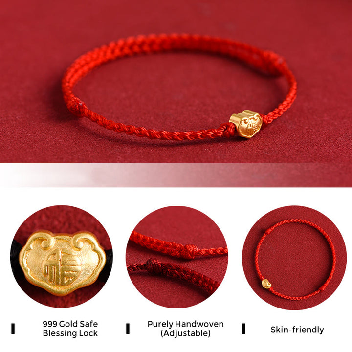 Buddha Stones 999 Gold Chinese Lock Charm Fu Character Protection Handmade Rope Bracelet - image 4