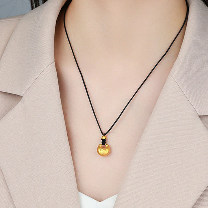 Buddha Stones 999 Gold Fu Character Wish Lock Pattern Luck Rope Necklace Pendant - Small Fu Character(Gold About 0.75g)+ Black Necklace Rope - image 2