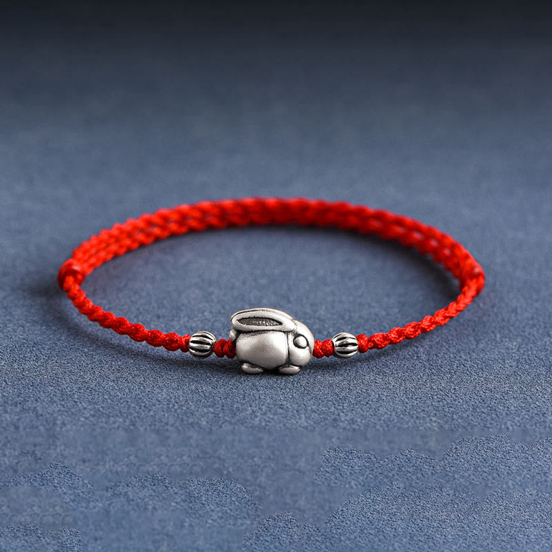 Buddha Stones Handmade 999 Sterling Silver Rabbit Luck Rope Bracelet Anklet - Large Rabbit Anklet(Circumference 18-30cm) - Red - image 0