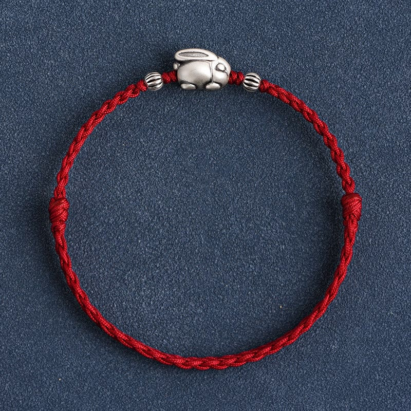 Buddha Stones Handmade 999 Sterling Silver Rabbit Luck Rope Bracelet Anklet - Large Rabbit Anklet(Circumference 18-30cm) - Dark Red - image 15