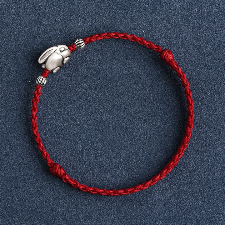 Buddha Stones Handmade 999 Sterling Silver Rabbit Luck Rope Bracelet Anklet