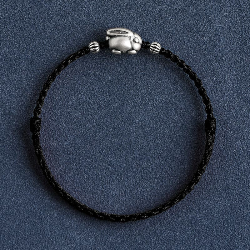 Buddha Stones Handmade 999 Sterling Silver Rabbit Luck Rope Bracelet Anklet - Large Rabbit Anklet(Circumference 18-30cm) - Black - image 22