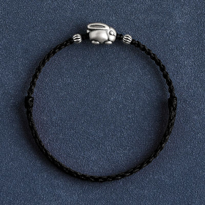 Buddha Stones Handmade 999 Sterling Silver Rabbit Luck Rope Bracelet Anklet - Large Rabbit Anklet(Circumference 18-30cm) - Black - image 22