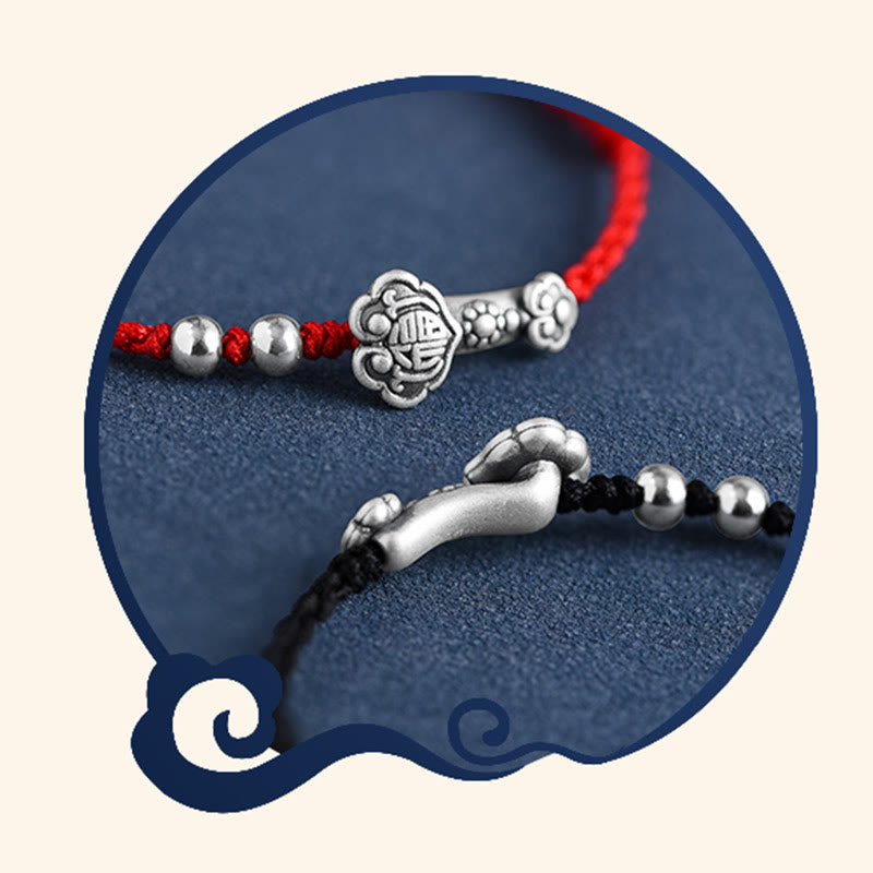 Buddha Stones Handmade 999 Sterling Silver Fu Character Wish Ruyi Handle Fortune Rope Bracelet Anklet - image 24