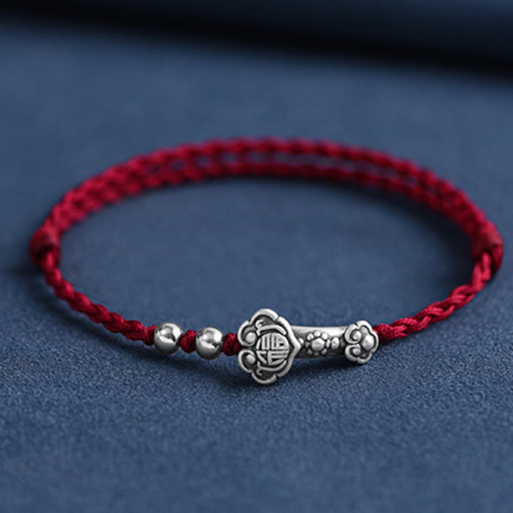 Buddha Stones Handmade 999 Sterling Silver Fu Character Wish Ruyi Handle Fortune Rope Bracelet Anklet - Anklet(Circumference 18-30cm) - Dark Red - image 0