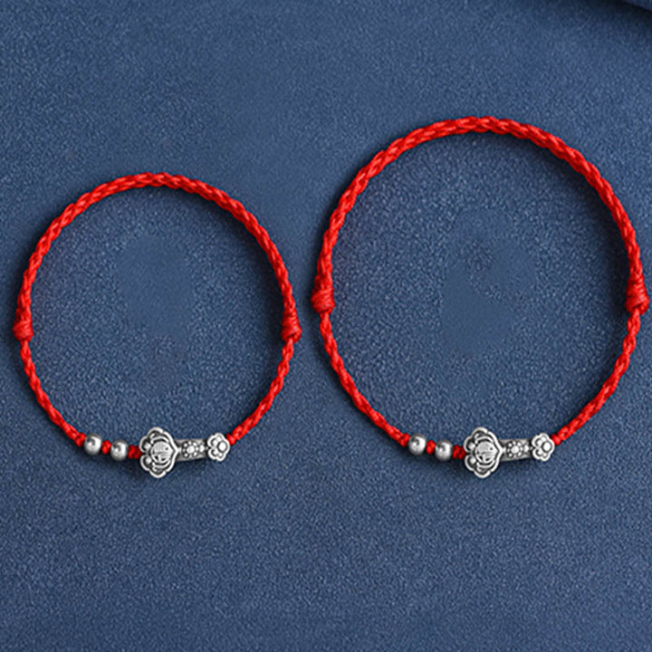 Buddha Stones Handmade 999 Sterling Silver Fu Character Wish Ruyi Handle Fortune Rope Bracelet Anklet