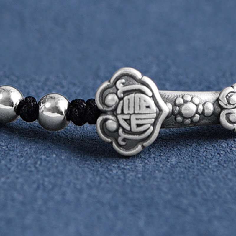 Buddha Stones Handmade 999 Sterling Silver Fu Character Wish Ruyi Handle Fortune Rope Bracelet Anklet