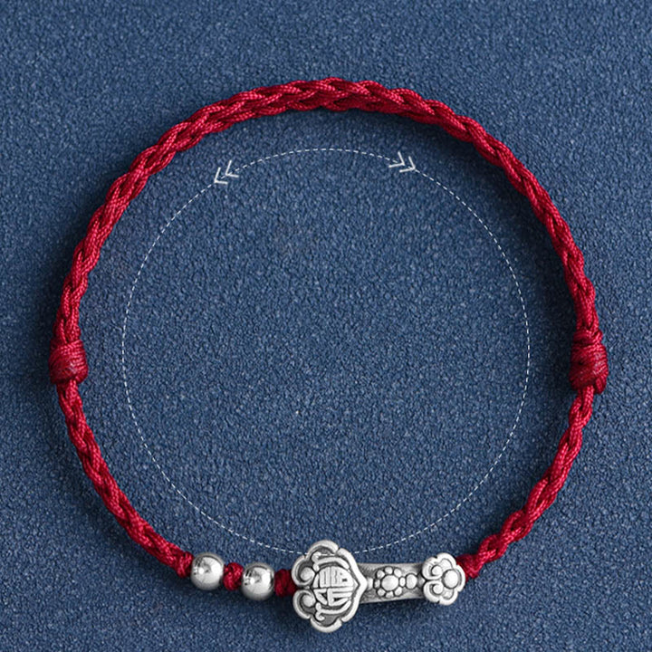 Buddha Stones Handmade 999 Sterling Silver Fu Character Wish Ruyi Handle Fortune Rope Bracelet Anklet