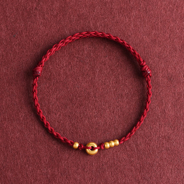Buddha Stones 999 Gold Small Peace Buckle Design Handmade Luck Braided Rope Bracelet Anklet - Anklet(Circumference 18-30cm) - Dark Red - image 12